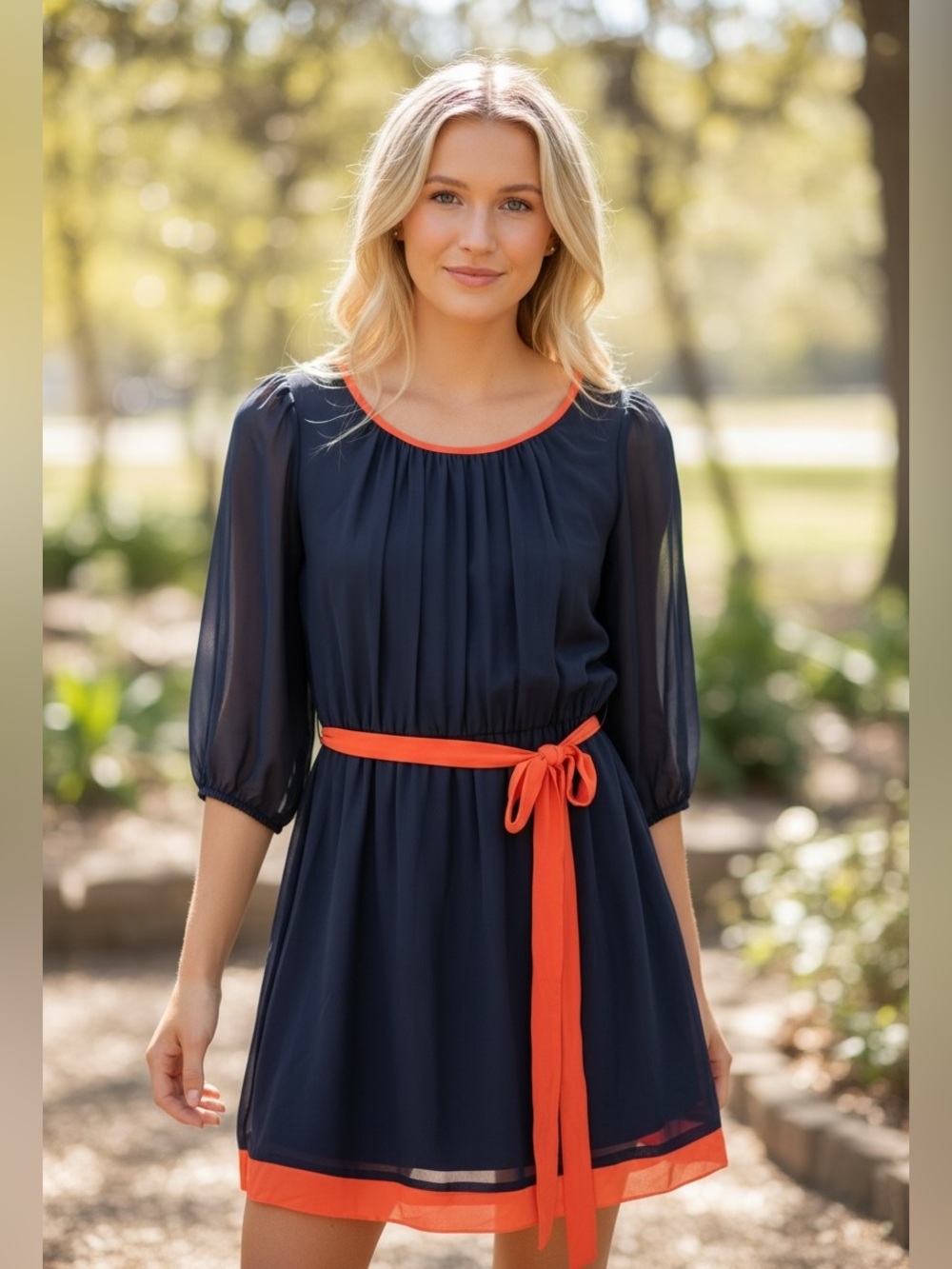 Sweet Storm Navy Mini Dress with Orange Trim and Sash